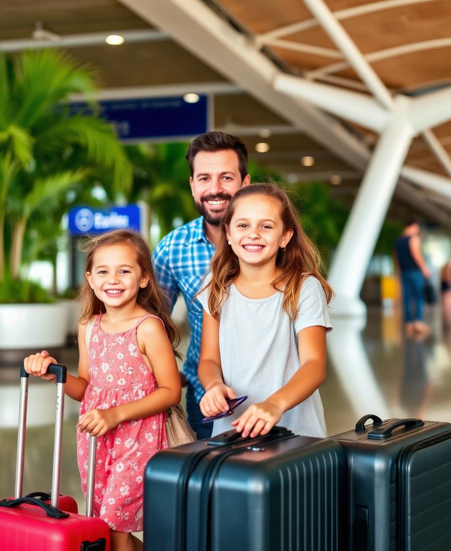 Family arriving at a tropical airport