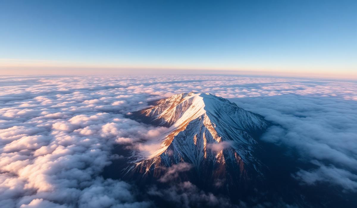 Snow-capped peak above the clouds at sunrise
